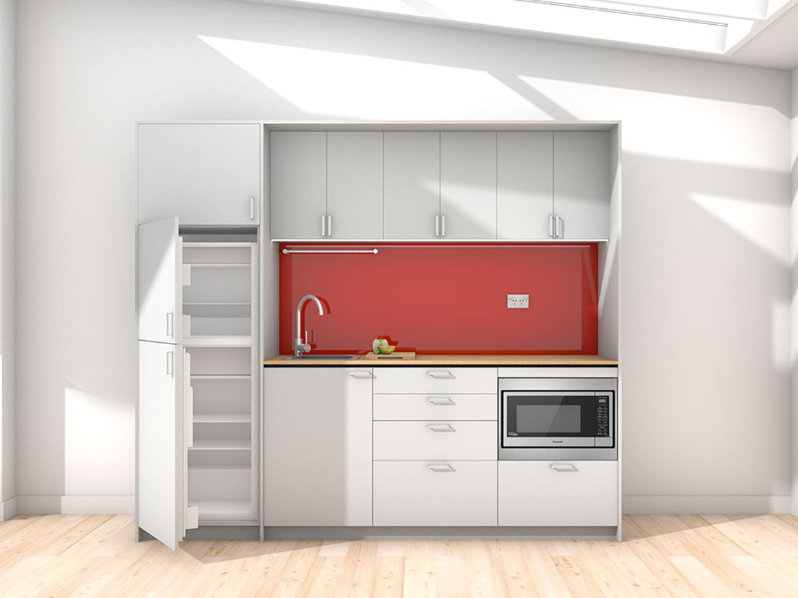 Aroha - 2.45m Extended Wall Unit Kitchenette. Displayed with 'Frost Grey' Cabinetry, 'Premium Oak' Benchtop, and 'Stiletto' Splashback