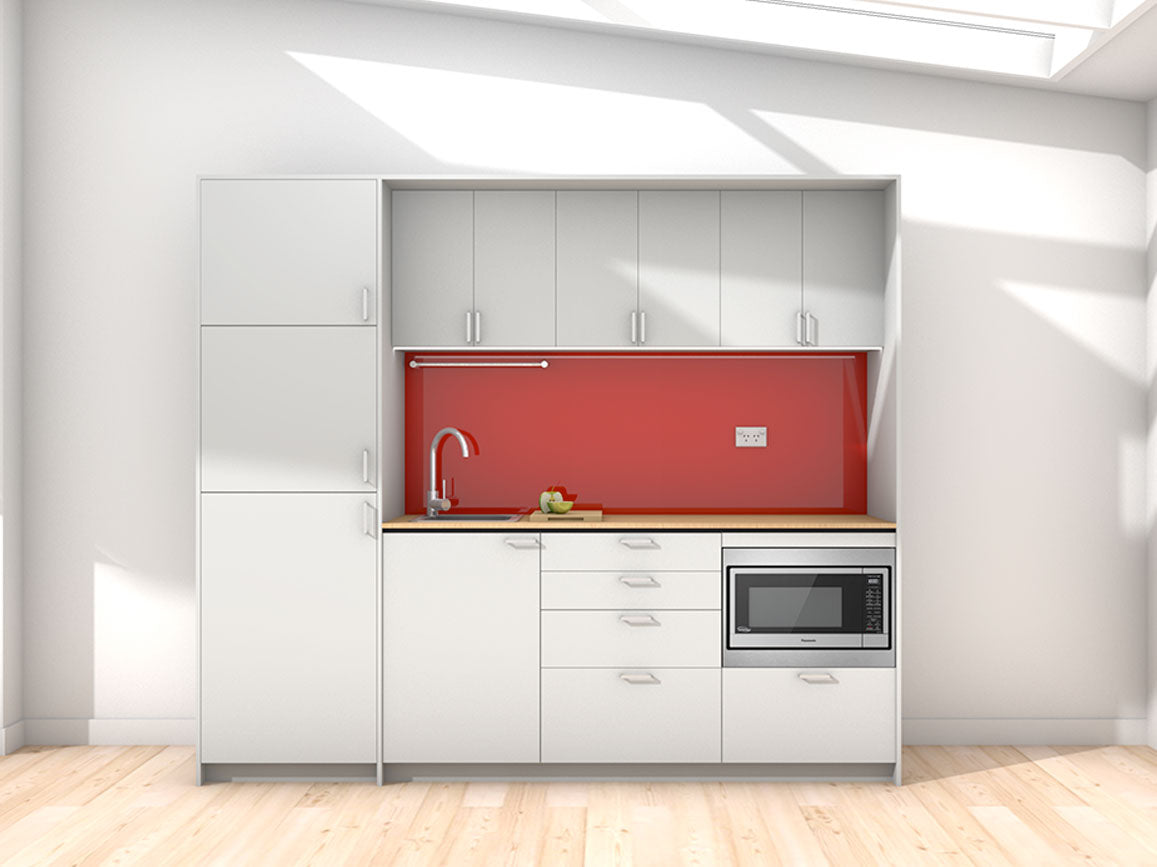 Aroha - 2.45m Extended Wall Unit Kitchenette. Displayed with 'Frost Grey' Cabinetry, 'Premium Oak' Benchtop, and 'Stiletto' Splashback