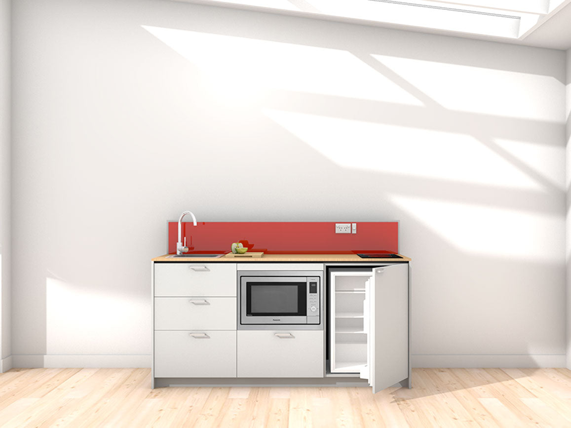 Seoul - 1.8m Regular Counter Unit Kitchenette. Displayed with 'Frost Grey' Cabinetry, 'Premium Oak' Benchtop, and 'Stiletto' Splashback