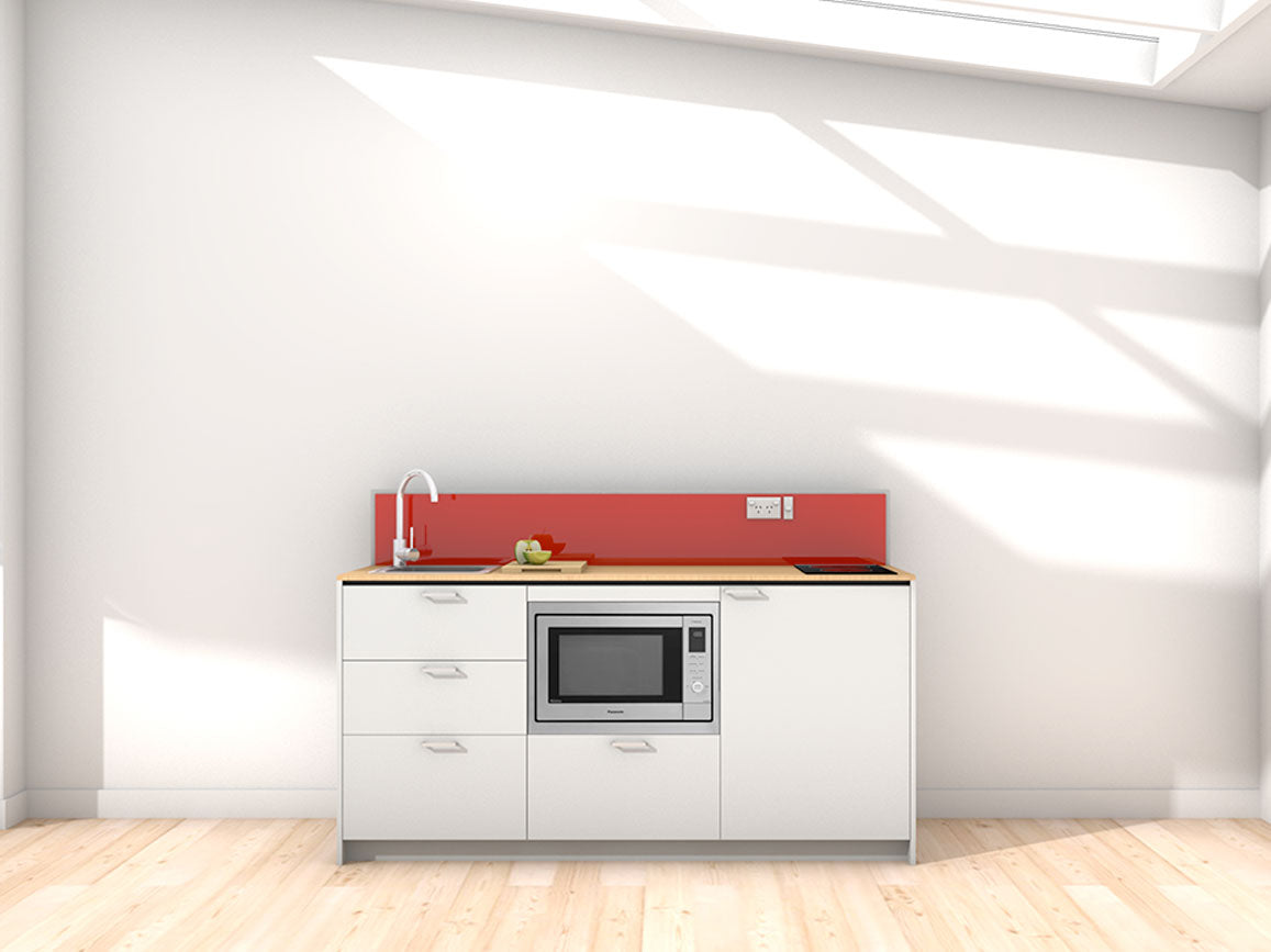 Seoul - 1.8m Regular Counter Unit Kitchenette. Displayed with 'Frost Grey' Cabinetry, 'Premium Oak' Benchtop, and 'Stiletto' Splashback