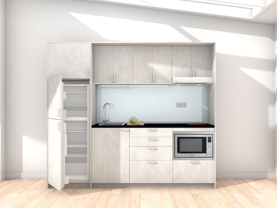 Maui - 2.45m Extended Wall Unit Kitchenette. Displayed with 'Silica' Cabinetry, 'Black' Benchtop, and 'Cascade' Splashback