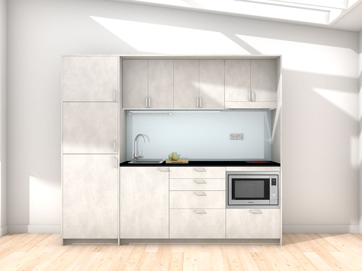 Maui - 2.45m Extended Wall Unit Kitchenette. Displayed with 'Silica' Cabinetry, 'Black' Benchtop, and 'Cascade' Splashback