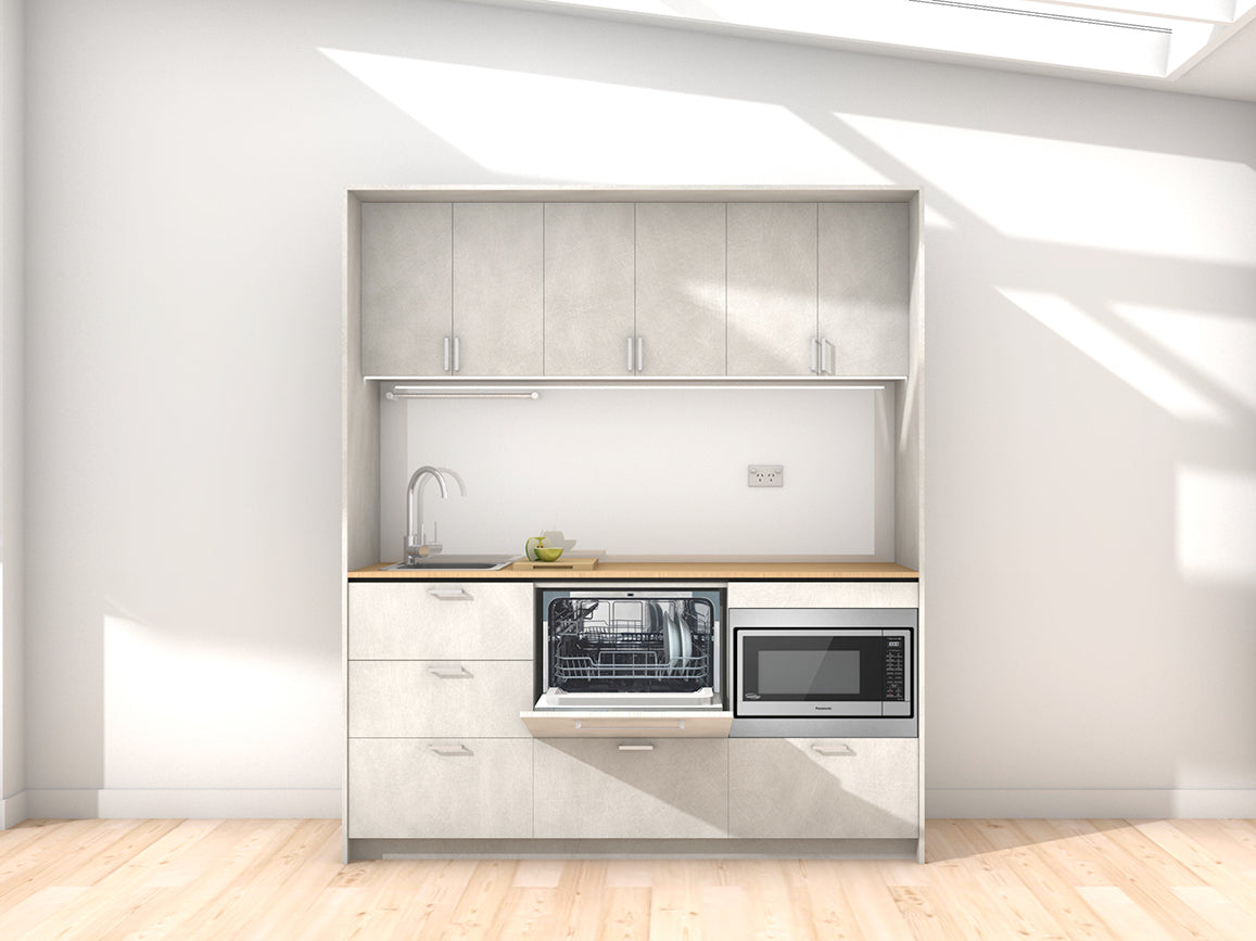 Venice - 1.8m Regular Wall Unit Kitchenette. Displayed with 'Honed Silica' Cabinetry, 'Premium Oak' Benchtop, and 'Sheer Bliss White' Splashback