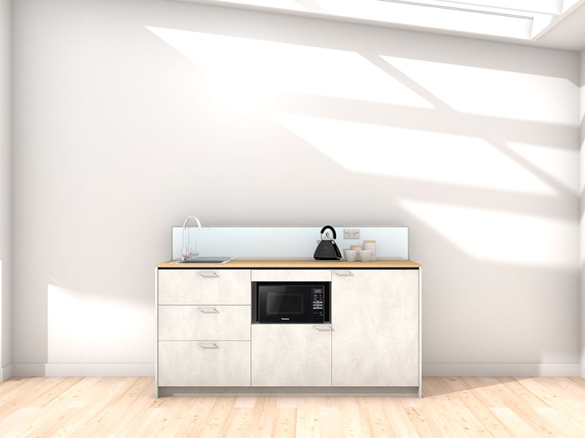 Auckland - 1.8m Regular Counter Unit Kitchenette. Displayed with 'Silica' Cabinetry, 'Premium Oak' Benchtop, and 'Sheer Bliss White' Splashback