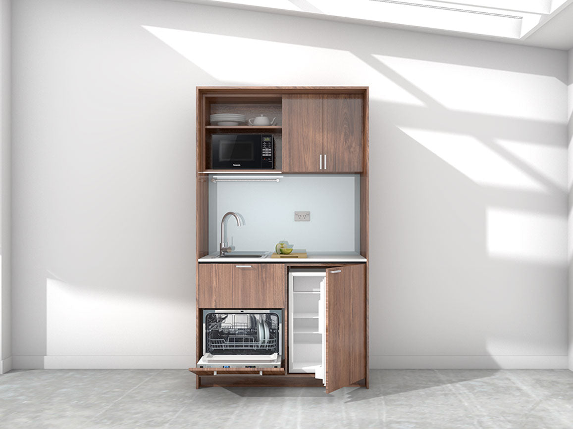 Sadie - 1.2m Compact Wall Unit Kitchenette. Displayed with 'Hickory Walnut' Cabinetry, 'Style White' Benchtop, and 'Whisper Grey' Splashback
