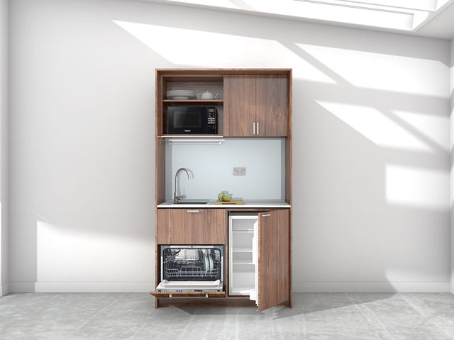 Sadie - 1.2m Compact Wall Unit Kitchenette. Displayed with 'Hickory Walnut' Cabinetry, 'Style White' Benchtop, and 'Whisper Grey' Splashback