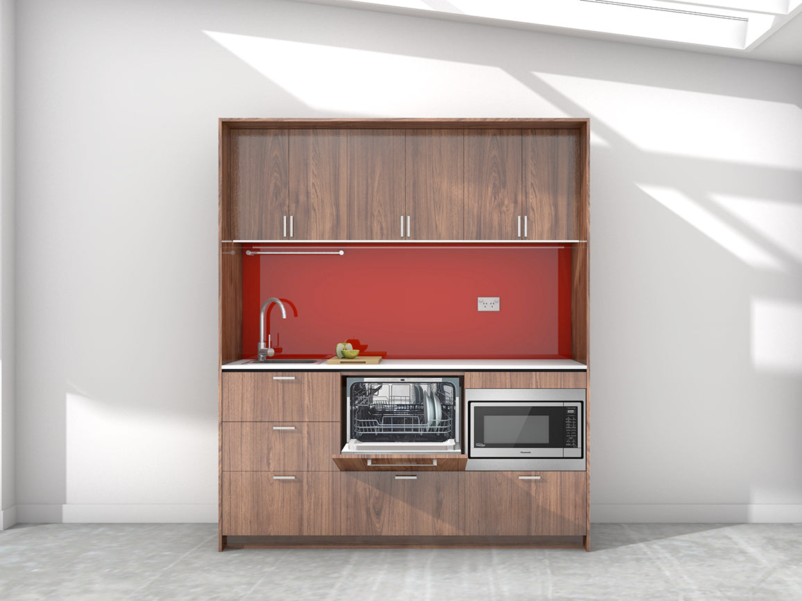 Venice - 1.8m Regular Wall Unit Kitchenette. Displayed with 'Hickory Walnut' Cabinetry, 'Style White' Benchtop, and 'Stiletto' Splashback