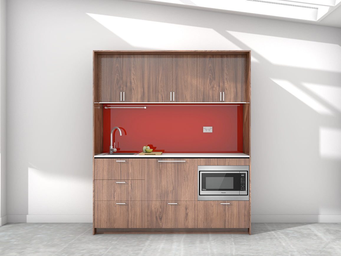 Venice - 1.8m Regular Wall Unit Kitchenette. Displayed with 'Hickory Walnuta' Cabinetry, 'Style White' Benchtop, and 'Stiletto' Splashback
