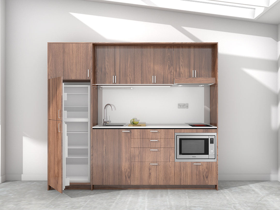 Maui - 2.45m Extended Wall Unit Kitchenette. Displayed with 'Hickory Walnut' Cabinetry, 'Style White' Benchtop, and 'Whisper Grey' Splashback