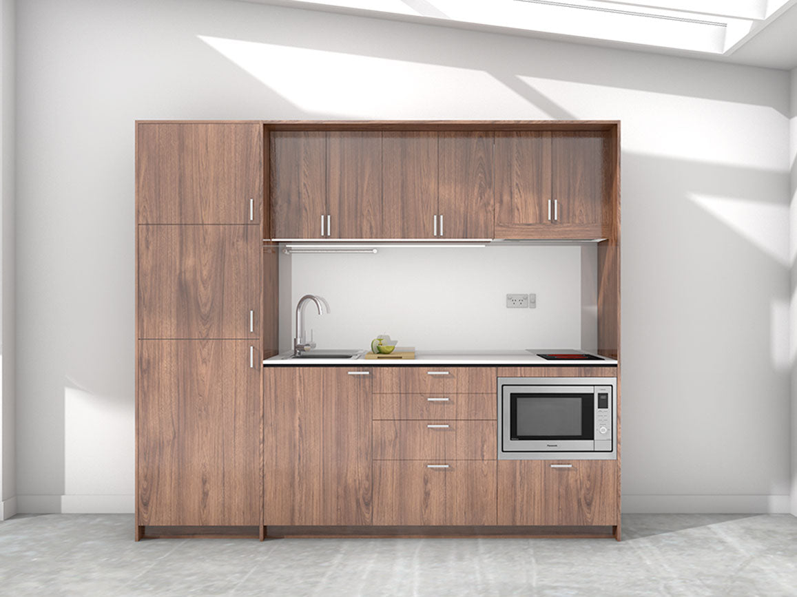 Maui - 2.45m Extended Wall Unit Kitchenette. Displayed with 'Hickory Walnut' Cabinetry, 'Style White' Benchtop, and 'Whisper Grey' Splashback