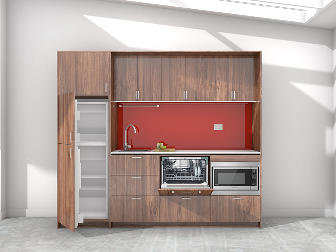 Ariki - 2.45m Extended Wall Unit Kitchenette. Displayed with 'Hickory Walnut' Cabinetry, 'Style White' Benchtop, and 'Stiletto' Splashback
