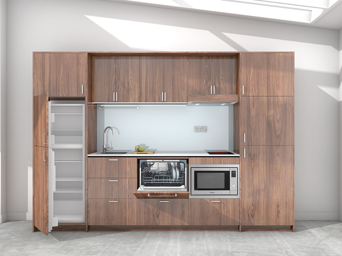 Koha - 2.45m Extended Wall Unit Kitchenette. Displayed with 'Hickory Walnut' Cabinetry, 'Style White' Benchtop, and 'Sheer Bliss White' Splashback