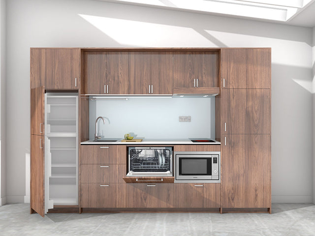 Koha - 2.45m Extended Wall Unit Kitchenette. Displayed with 'Hickory Walnut' Cabinetry, 'Style White' Benchtop, and 'Sheer Bliss White' Splashback