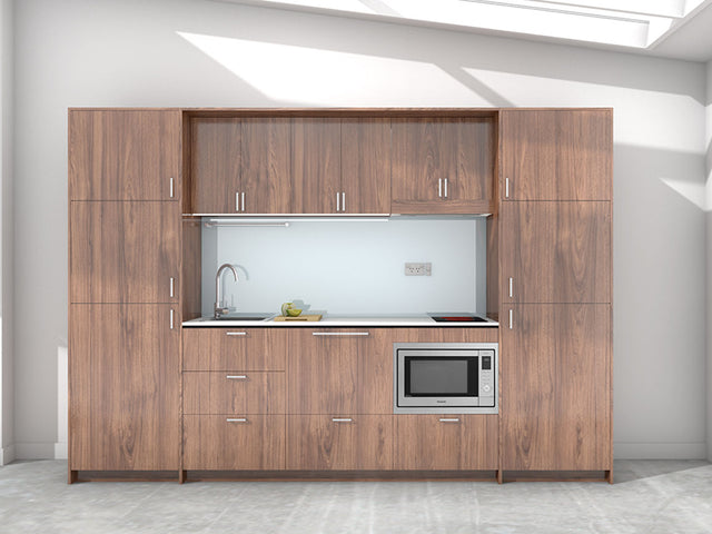 Koha - 2.45m Extended Wall Unit Kitchenette. Displayed with 'Hickory Walnut' Cabinetry, 'Style White' Benchtop, and 'Sheer Bliss White' Splashback