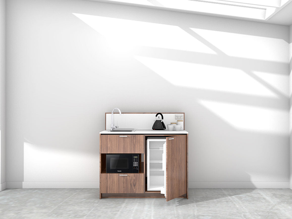 Eve - 1.2m Compact Counter Unit Kitchenette. Displayed with 'Hickory Walnut' Cabinetry, 'Style White' Benchtop, and 'Sheer Bliss White' Splashback