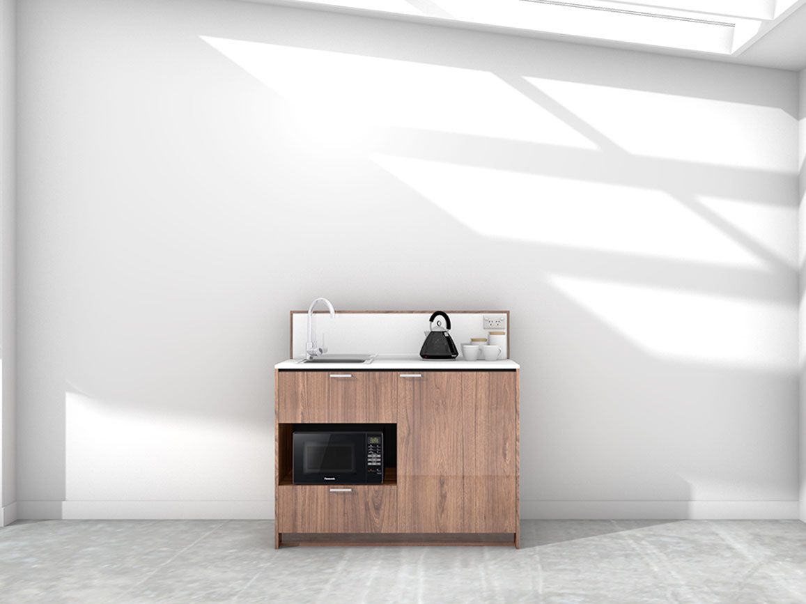 Eve - 1.2m Compact Counter Unit Kitchenette. Displayed with 'Hickory Walnut' Cabinetry, 'Style White' Benchtop, and 'Sheer Bliss White' Splashback