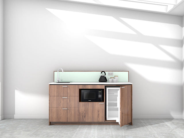 Auckland - 1.8m Regular Counter Unit Kitchenette. Displayed with 'Hickory Walnut' Cabinetry, 'Style White' Benchtop, and 'Mint' Splashback