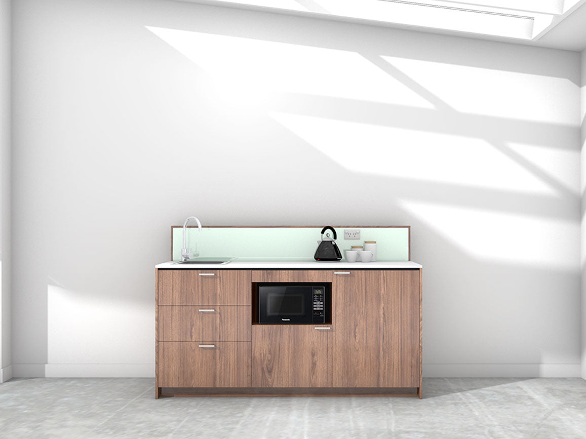 Auckland - 1.8m Regular Counter Unit Kitchenette. Displayed with 'Hickory Walnut' Cabinetry, 'Style White' Benchtop, and 'Mint' Splashback