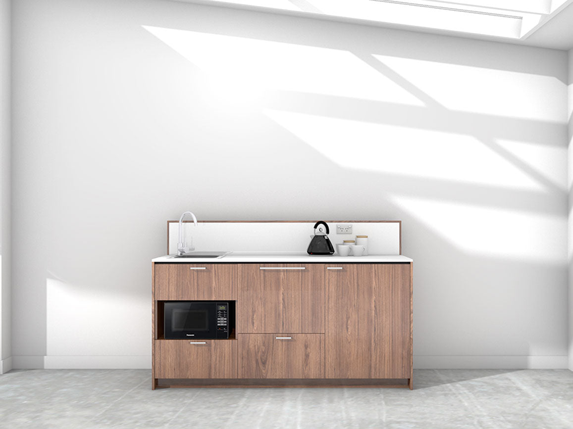 Paris - 1.8m Regular Counter Unit Kitchenette. Displayed with 'Hickory Walnut' Cabinetry, 'Style White' Benchtop, and 'Sheer Bliss White' Splashback