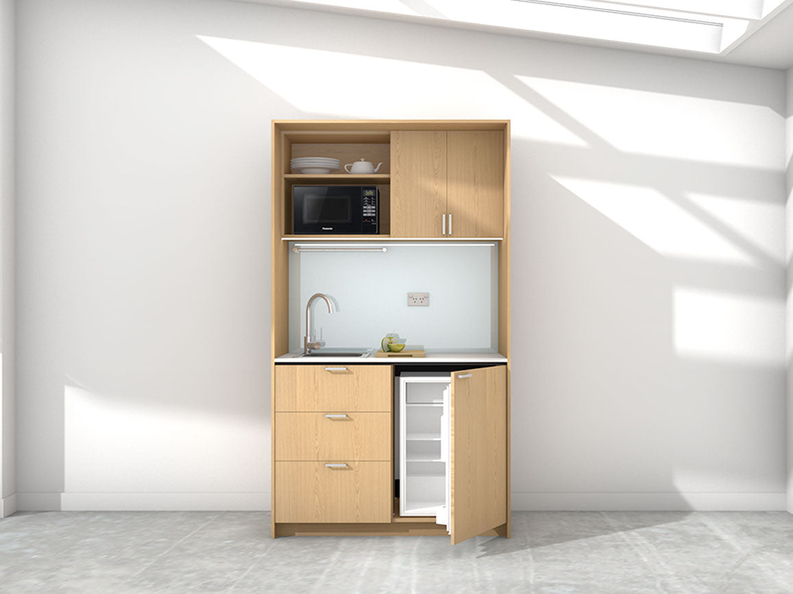 Marla - 1.2m Compact Wall Unit Kitchenette. Displayed with 'Premium Oak' Cabinetry, 'Style White' Benchtop, and 'Sheer Bliss White' Splashback