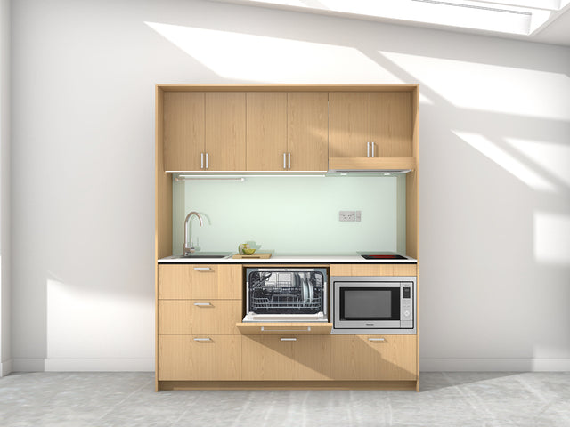 Ibiza - 1.8m Regular Wall Unit Kitchenette. Displayed with Oak Cabinetry, White Benchtop, and Mint Splashback
