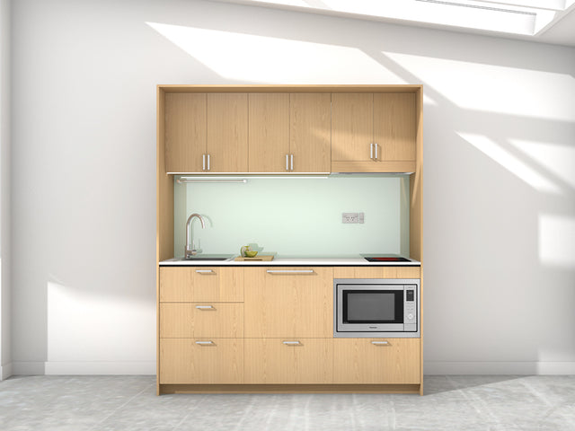 Ibiza - 1.8m Regular Wall Unit Kitchenette. Displayed with Oak Cabinetry, White Benchtop, and Mint Splashback