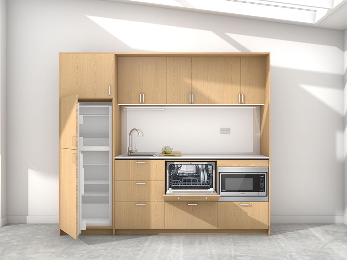 Ariki - 2.45m Extended Wall Unit Kitchenette. Displayed with 'Premium Oak' Cabinetry, 'Style White' Benchtop, and 'Sheer Bliss White' Splashback