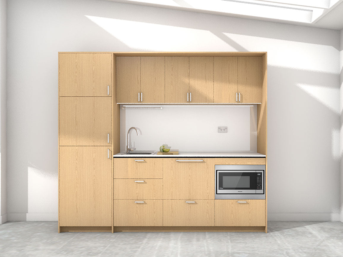 Ariki - 2.45m Extended Wall Unit Kitchenette. Displayed with 'Premium Oak' Cabinetry, 'Style White' Benchtop, and 'Sheer Bliss White' Splashback