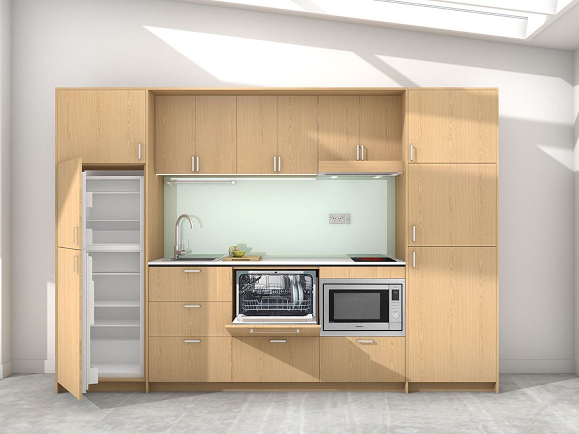 Koha - 2.45m Extended Wall Unit Kitchenette. Displayed with 'Premium Oak' Cabinetry, 'Style White' Benchtop, and 'Mint' Splashback