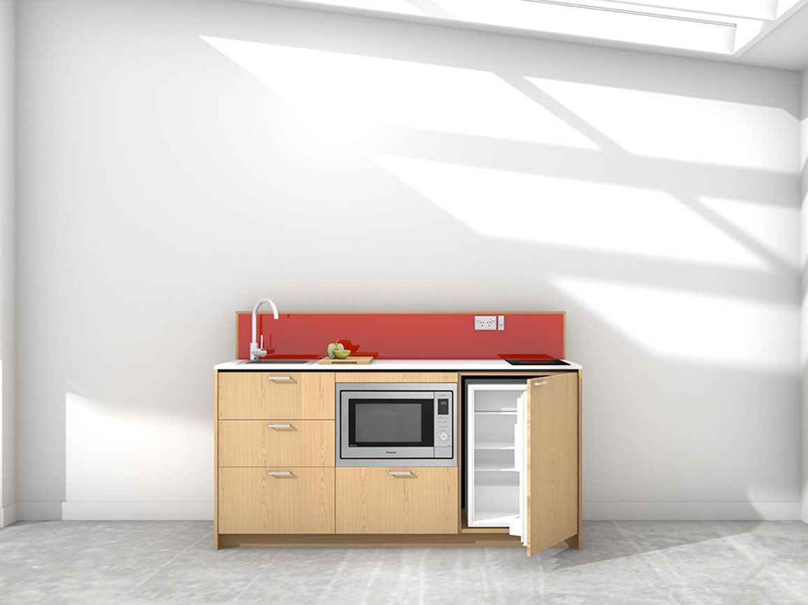 Seoul - 1.8m Regular Counter Unit Kitchenette. Displayed with 'Premium Oak' Cabinetry, 'Style White' Benchtop, and 'Stiletto' Splashback