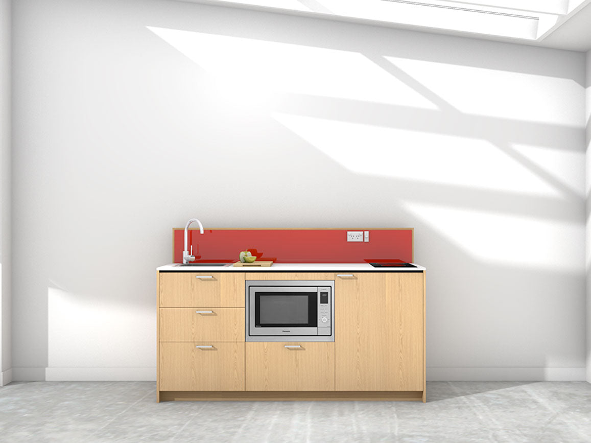 Seoul - 1.8m Regular Counter Unit Kitchenette. Displayed with 'Premium Oak' Cabinetry, 'Style White' Benchtop, and 'Stiletto' Splashback