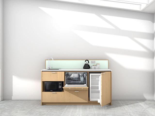 Paris - 1.8m Regular Counter Unit Kitchenette. Displayed with 'Premium Oak' Cabinetry, 'Style White' Benchtop, and 'Mint' Splashback