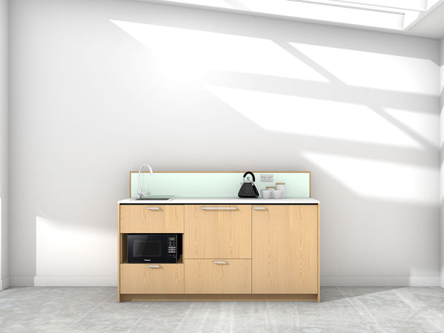 Paris - 1.8m Regular Counter Unit Kitchenette. Displayed with 'Premium Oak' Cabinetry, 'Style White' Benchtop, and 'Mint' Splashback