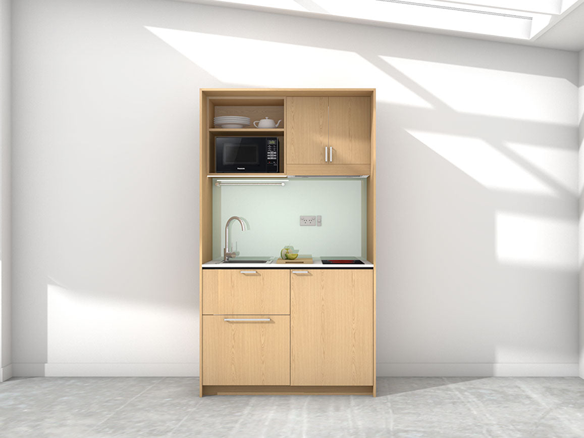 Mica - 1.2m Compact Wall Unit Kitchenette. Displayed with 'Premium Oak' Cabinetry, 'Style White' Benchtop, and 'Mint' Splashback