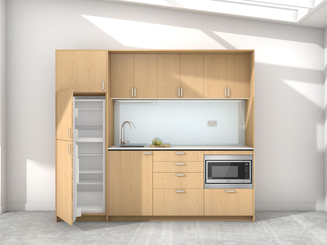 Aroha - 2.45m Extended Wall Unit Kitchenette. Displayed with 'Premium Oak' Cabinetry, 'Style White' Benchtop, and 'Sheer Bliss White' Splashback