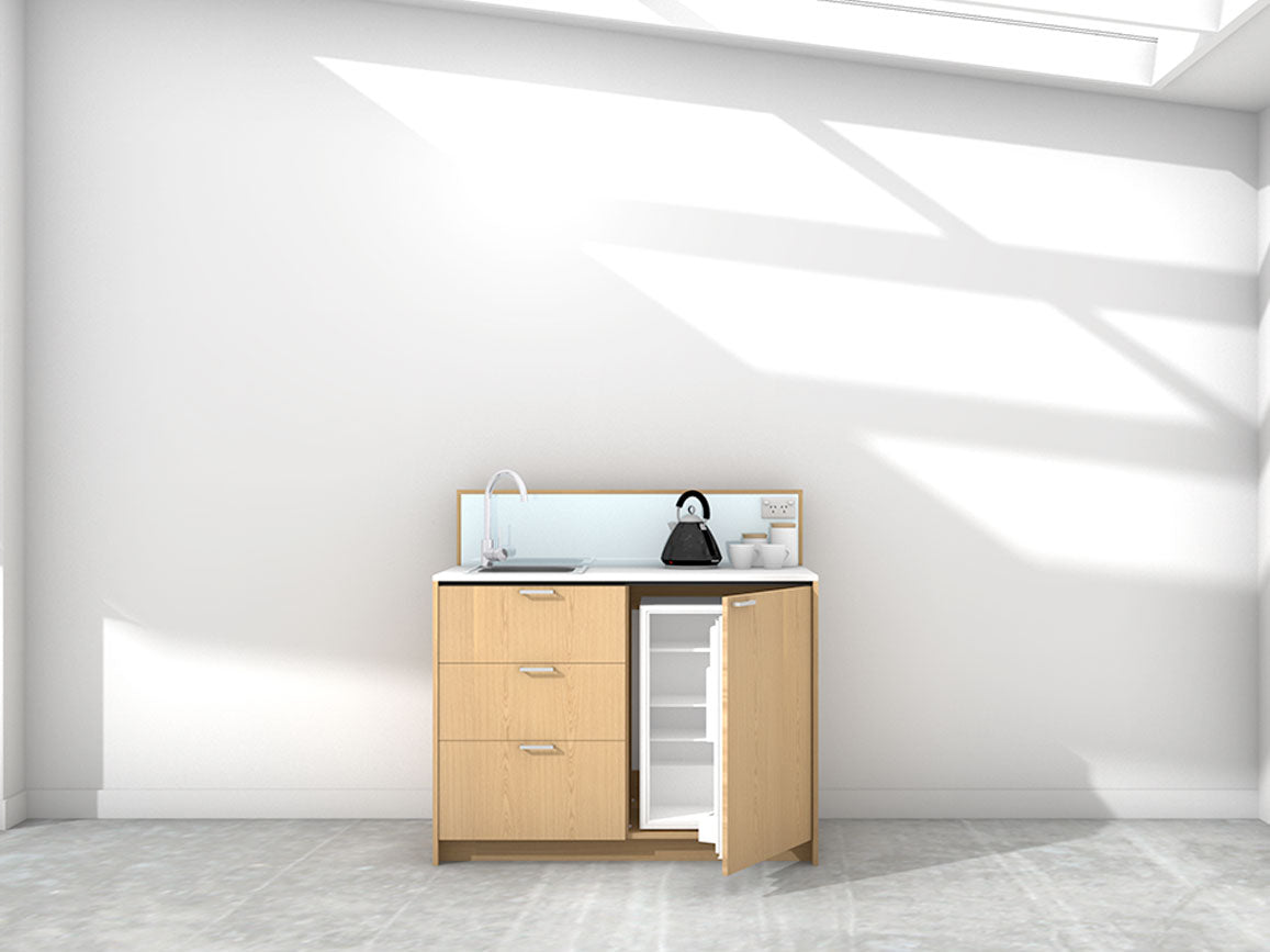 Quinn - 1.2m Compact Counter Unit Kitchenette. Displayed with 'Premium Oak' Cabinetry, 'Style White' Benchtop, and 'Sheer Bliss White' Splashback