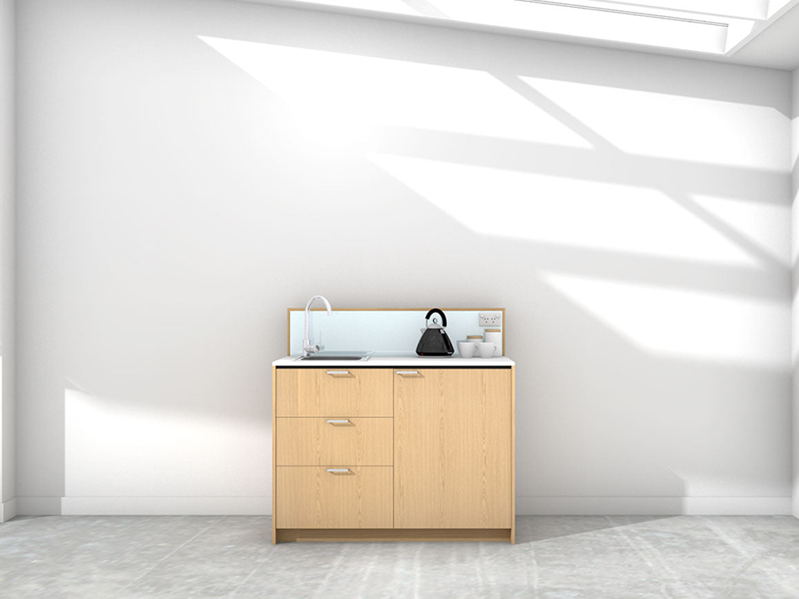 Quinn - 1.2m Compact Counter Unit Kitchenette. Displayed with 'Premium Oak' Cabinetry, 'Style White' Benchtop, and 'Sheer Bliss White' Splashback