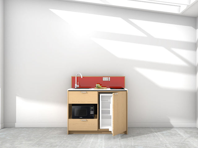 Joan - 1.2m Compact Counter Unit Kitchenette. Displayed with 'Premium Oak' Cabinetry, 'Style White' Benchtop, and 'Stiletto' Splashback