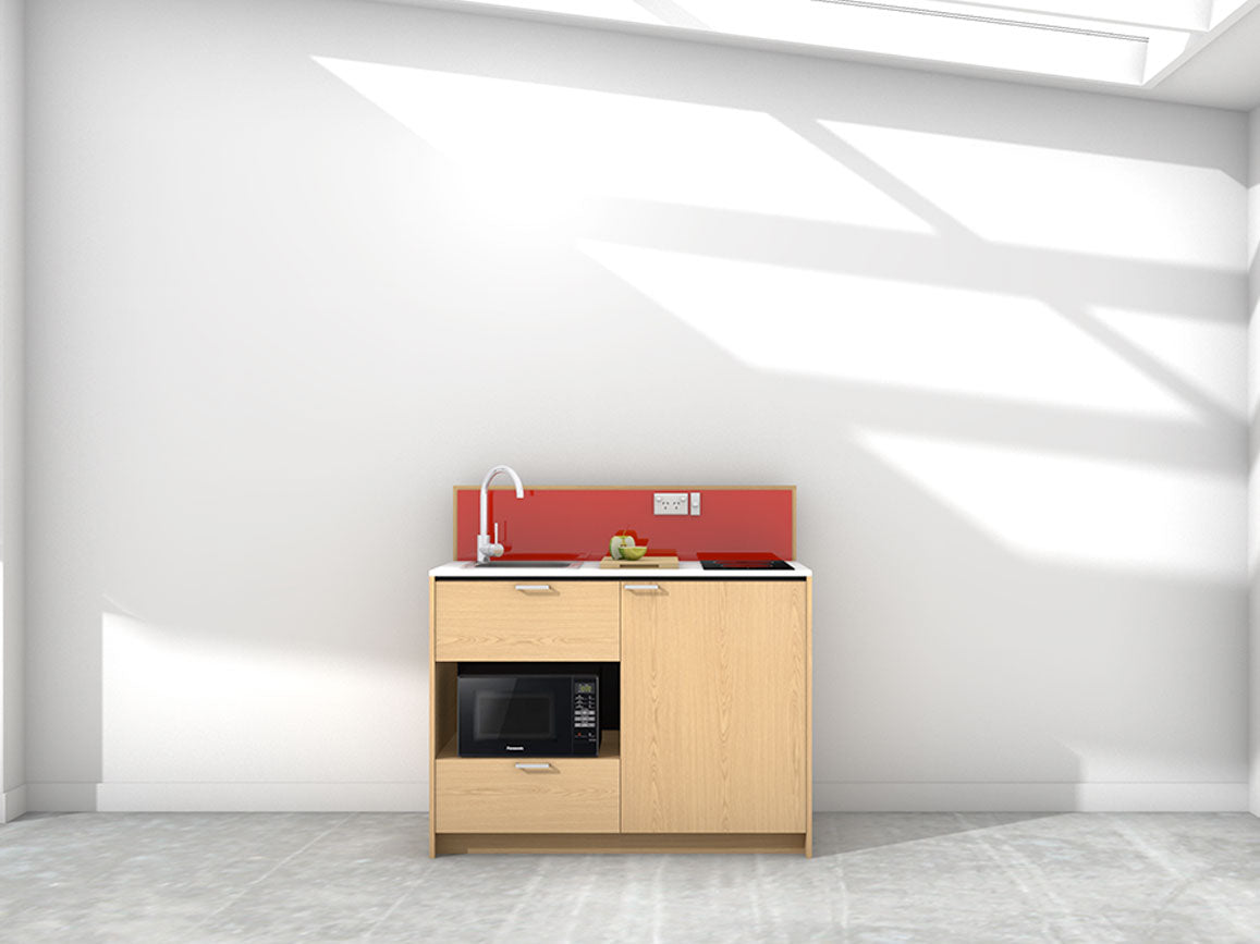 Joan - 1.2m Compact Counter Unit Kitchenette. Displayed with 'Premium Oak' Cabinetry, 'Style White' Benchtop, and 'Stiletto' Splashback