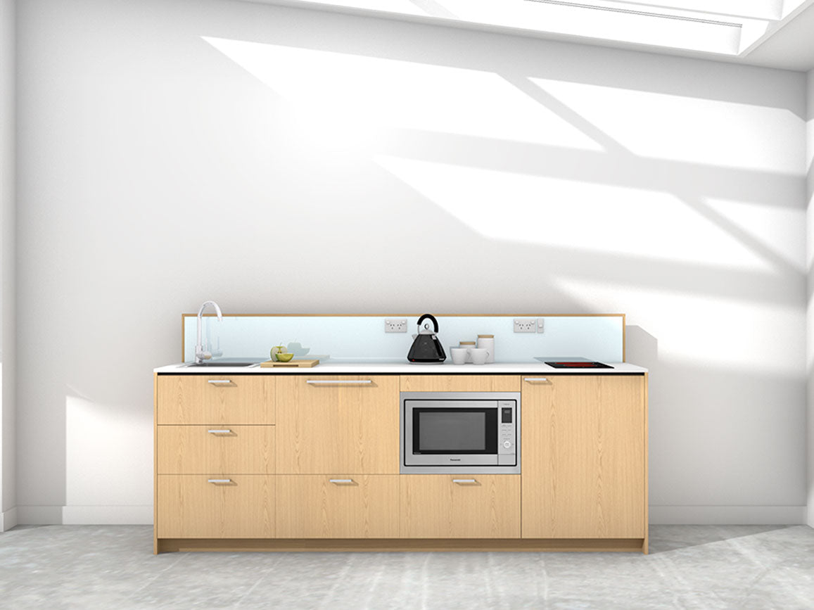 Moana - 2.4m Extended Counter Unit Kitchenette. Displayed with 'Premium Oak' Cabinetry, 'Style White' Benchtop, and 'Mint' Splashback