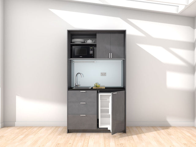 Marla - 1.2m Compact Wall Unit Kitchenette. Displayed with 'Slate' Cabinetry, 'Black' Benchtop, and 'Cascade' Splashback