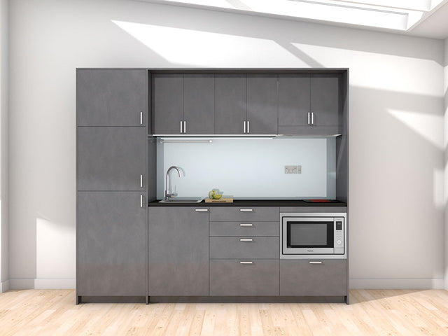 Maui - 2.45m Extended Wall Unit Kitchenette. Displayed with 'Slate' Cabinetry, 'Black' Benchtop, and 'Cascade' Splashback