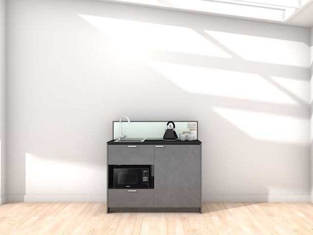 Eve - 1.2m Compact Counter Unit Kitchenette. Displayed with 'Slate' Cabinetry, 'Black' Benchtop, and 'Mint' Splashback