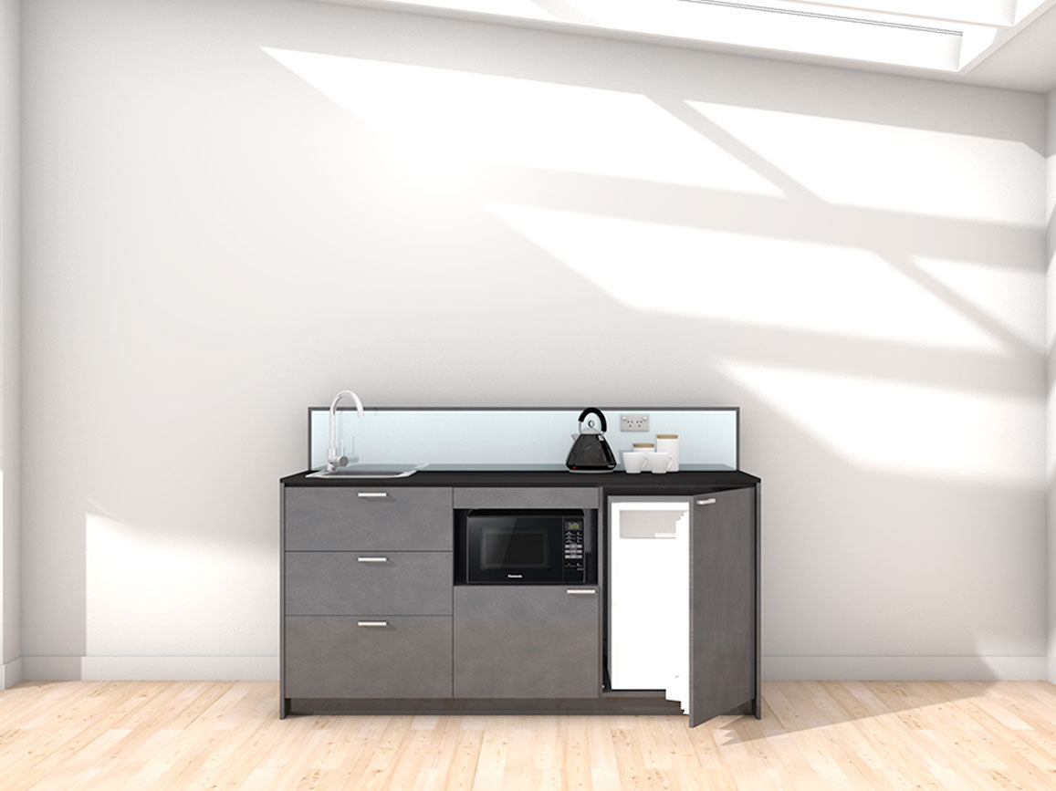 Auckland - 1.8m Regular Counter Unit Kitchenette. Displayed with 'Slate' Cabinetry, 'Black' Benchtop, and 'Sheer Bliss White' Splashback