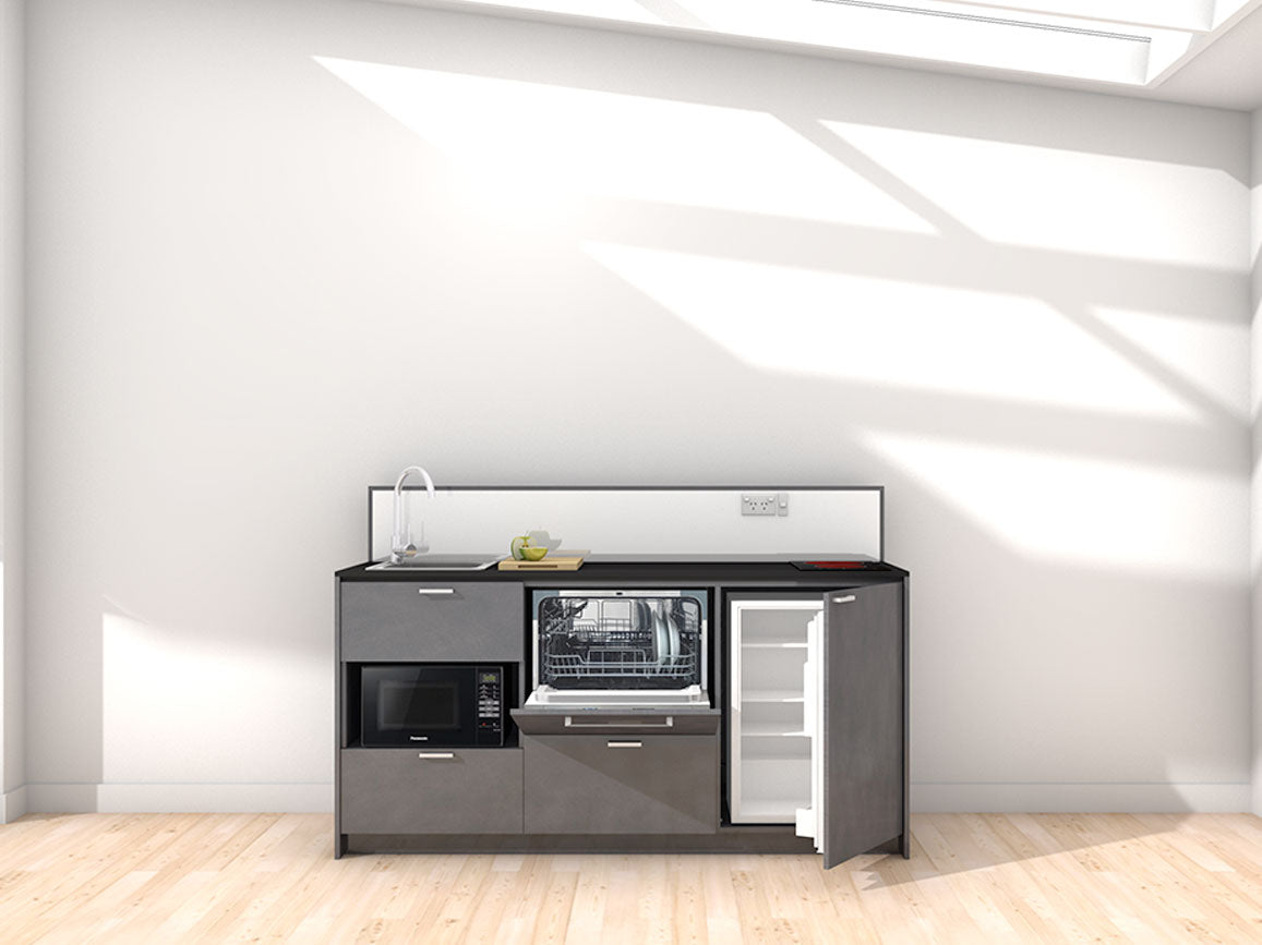 Morocco - 1.8m Regular Counter Unit Kitchenette. Displayed with 'Slate' Cabinetry, 'Black' Benchtop, and 'Sheer Bliss White' Splashback