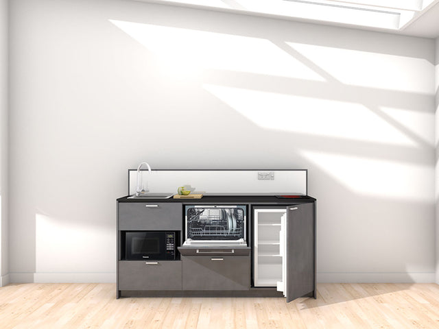 Morocco - 1.8m Regular Counter Unit Kitchenette. Displayed with 'Slate' Cabinetry, 'Black' Benchtop, and 'Sheer Bliss White' Splashback