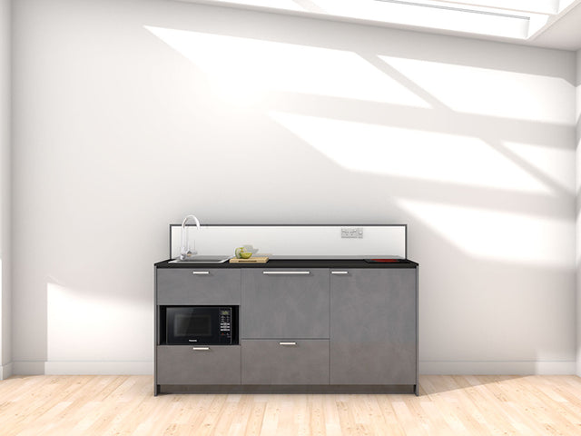 Morocco - 1.8m Regular Counter Unit Kitchenette. Displayed with 'Slate' Cabinetry, 'Black' Benchtop, and 'Sheer Bliss White' Splashback