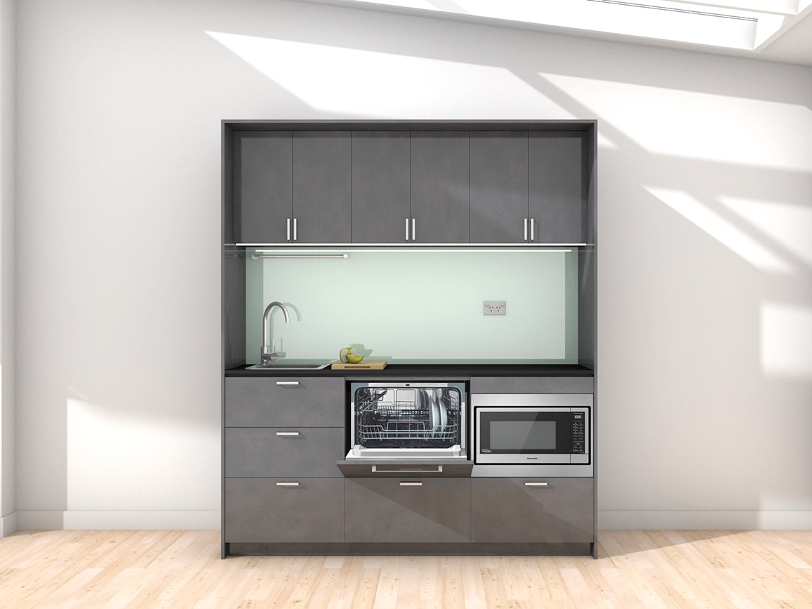 Venice - 1.8m Regular Wall Unit Kitchenette. Displayed with 'Slate' Cabinetry, 'Black' Benchtop, and 'Mint' Splashback