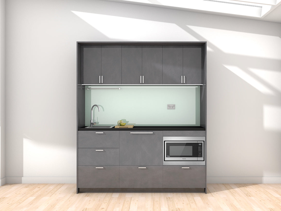 Venice - 1.8m Regular Wall Unit Kitchenette. Displayed with 'Slate' Cabinetry, 'Black' Benchtop, and 'Mint' Splashback