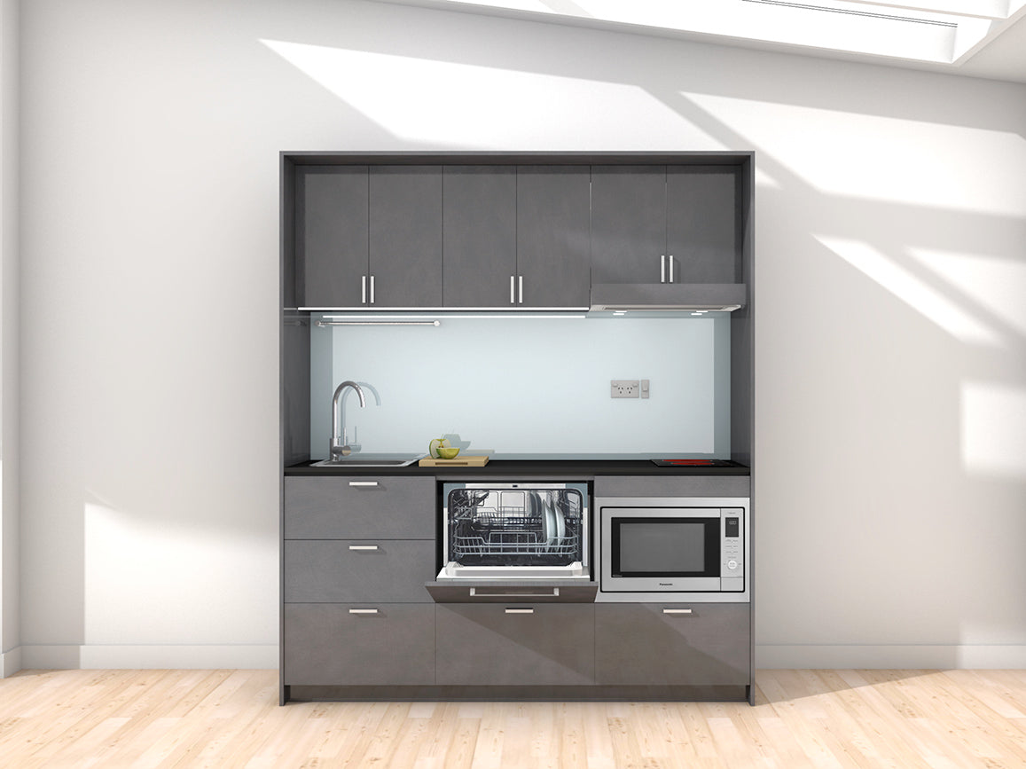 Ibiza - 1.8m Regular Wall Unit Kitchenette. Displayed with 'Slate' Cabinetry, Black Benchtop, and 'Cascade' Splashback